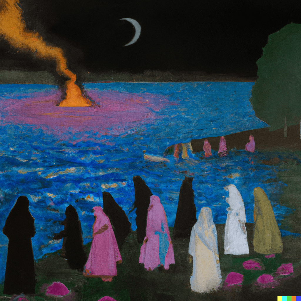 women in burqas watch dead bodies on fire floating down a river