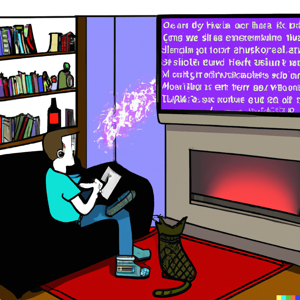 a color cartoon showing a writer sitting on a couch, drinking a beer, and petting his cat. Behind the couch in the background is a PC where ChatGPT is writing books for him. Show text on the PC display, and random words floating up over the display towards the ceiling like smoke rising from a fire..