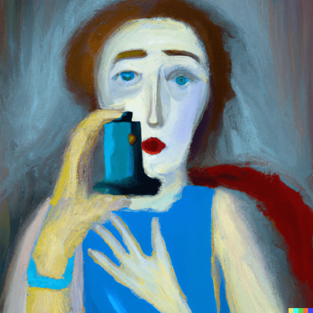 a choking woman with an empty asthma inhaler.