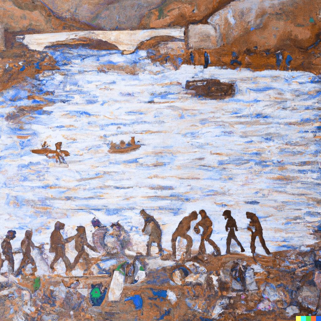 migrants cross a river