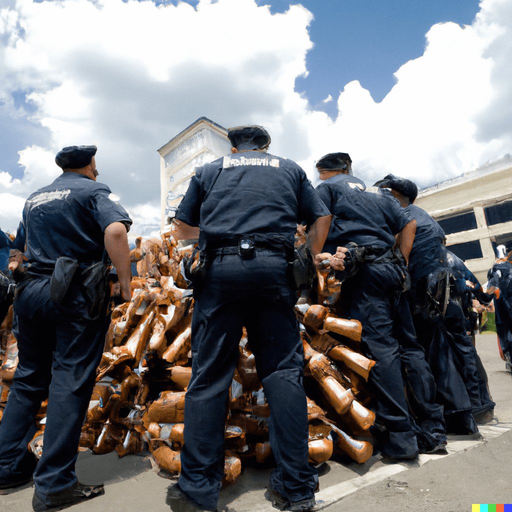 police surrounding a pile of guns