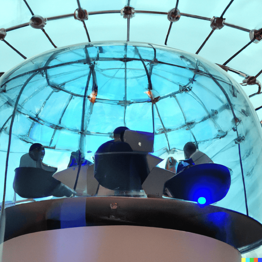 a photo of a glass dome. inside the dome are men watching TVs and above the dome are laptops