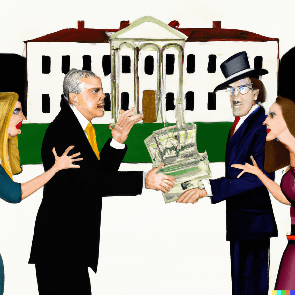 a painting of a politician with his jealous wife and his attractive girlfriend, plus a real estate developer handing the politician money