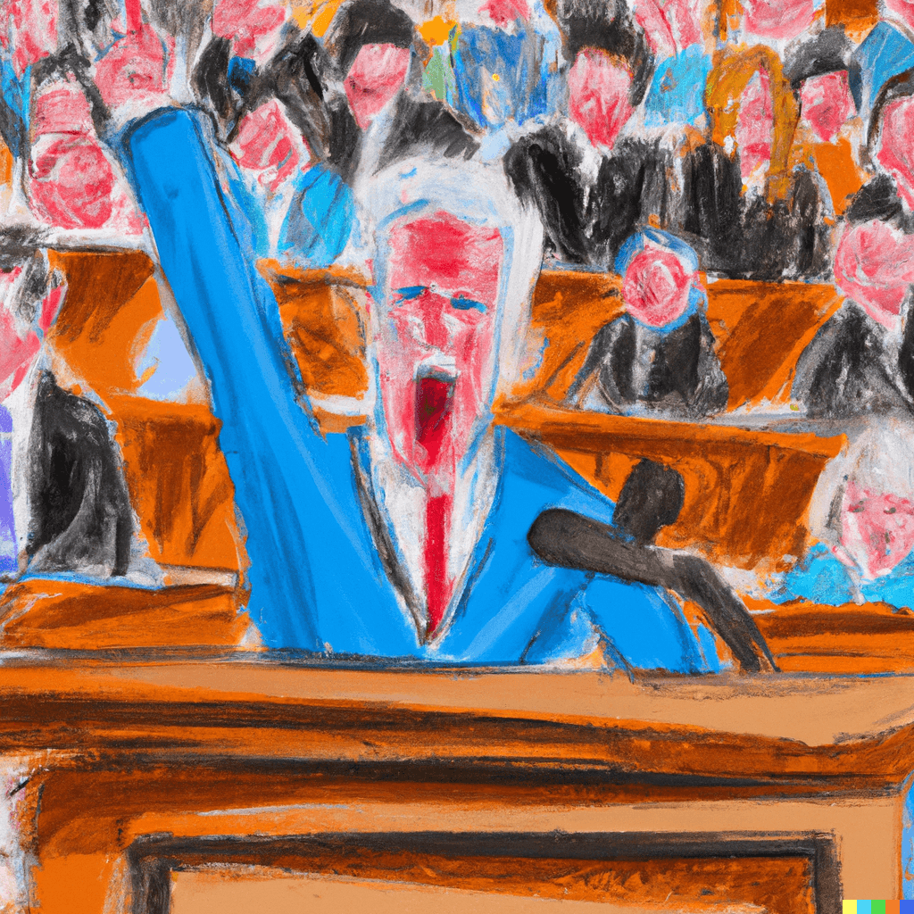 a courtroom pastel drawing of a politician with blonde hair wearing a blue suit and red necktie seated in a courtroom with dozens of spectators, pointing and yelling