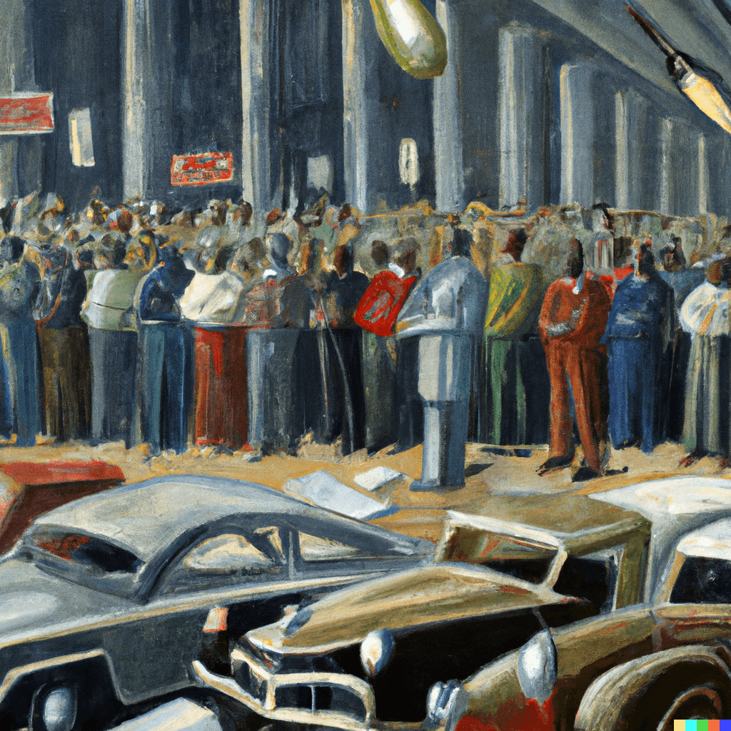a painting of auto workers on strike, with a line of new cars in the background. Include the President supporting the workers and signs about wages and benefits. Highlight this as a landmark moment in the union's history.
