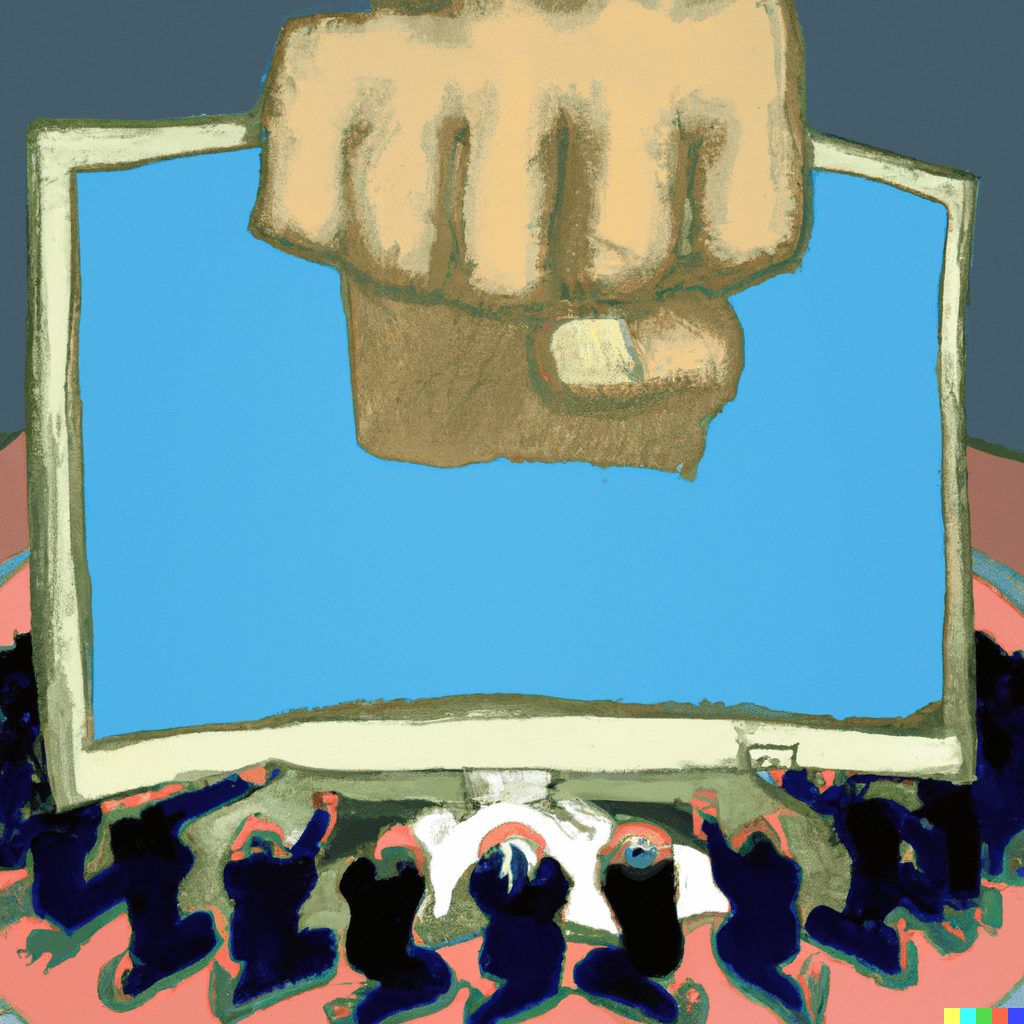 a painting of small humans on their knees, encircling a giant computer with a huge monitor displaying a large fist.