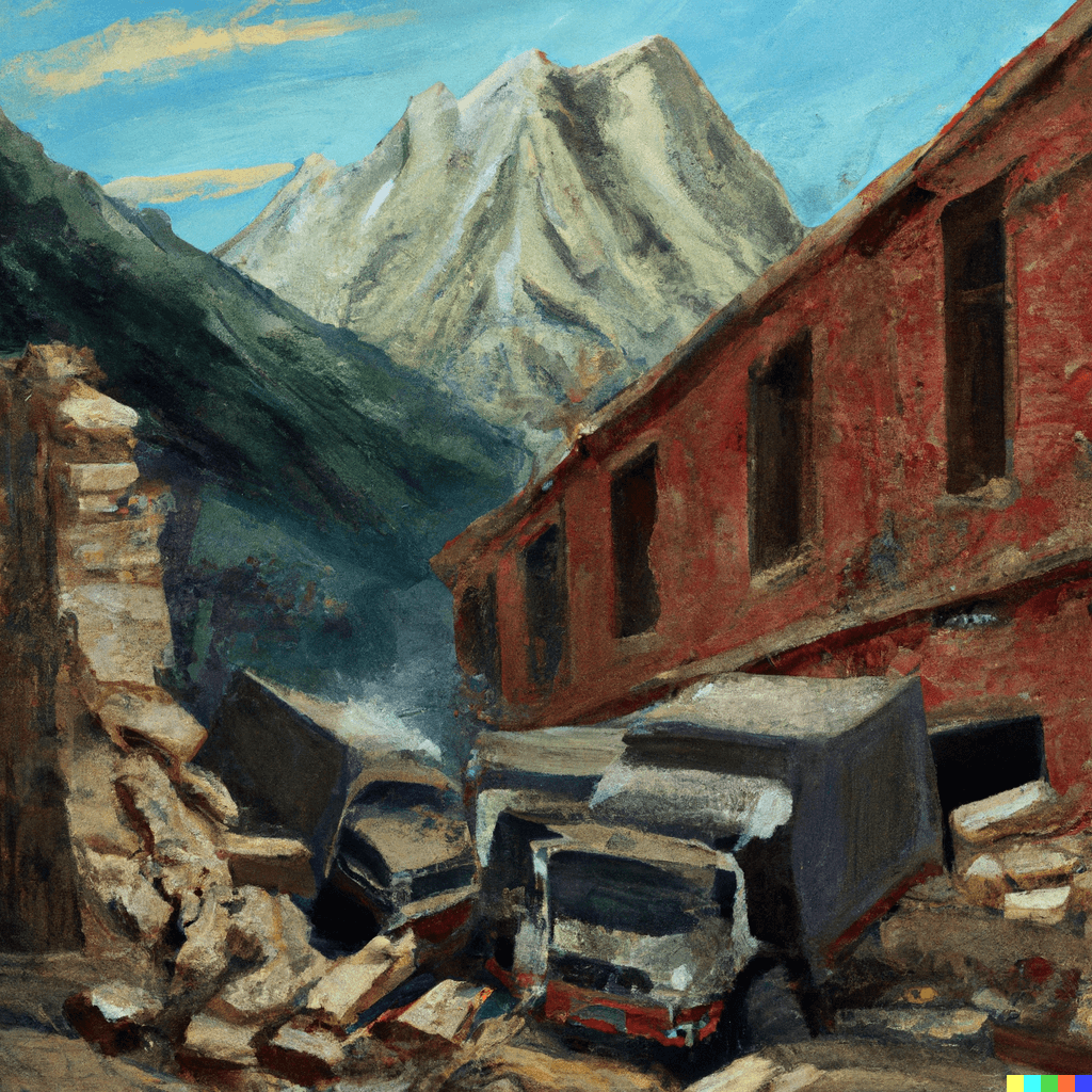 a painting showing brick buildings toppled by an earthquake, with mountains in the background showing large cracks, as trucks are stopped in a road blocked by fallen bricks