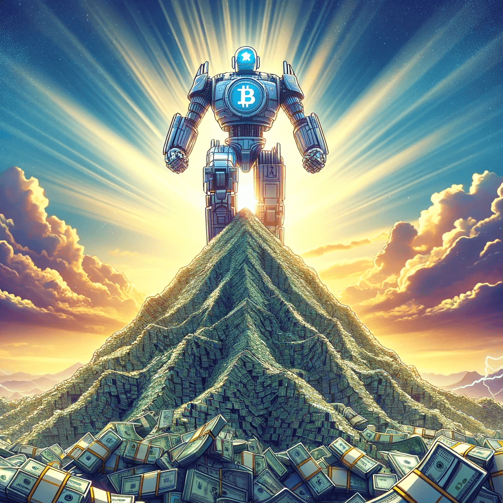 robot stands on a mountain of money