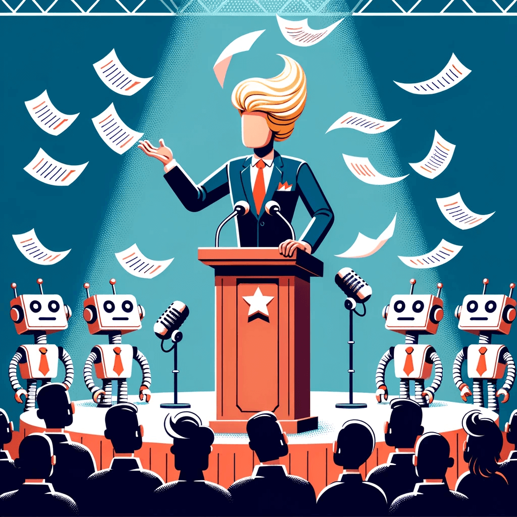 politician giving orders to AI robots