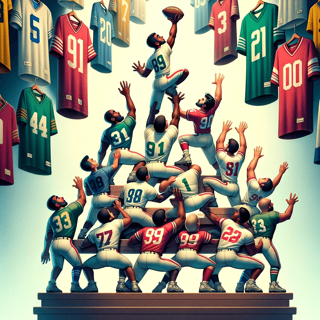football players reaching for their jerseys.