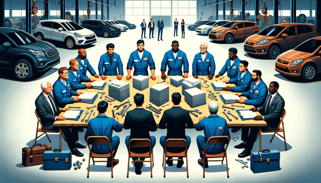 autoworkers and executives review a contract