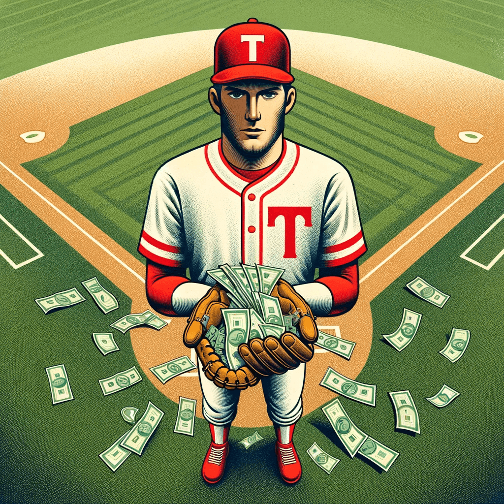 baseball player holding money in his ball glove.