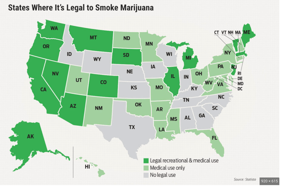 US map showing states with recreational marijuana
