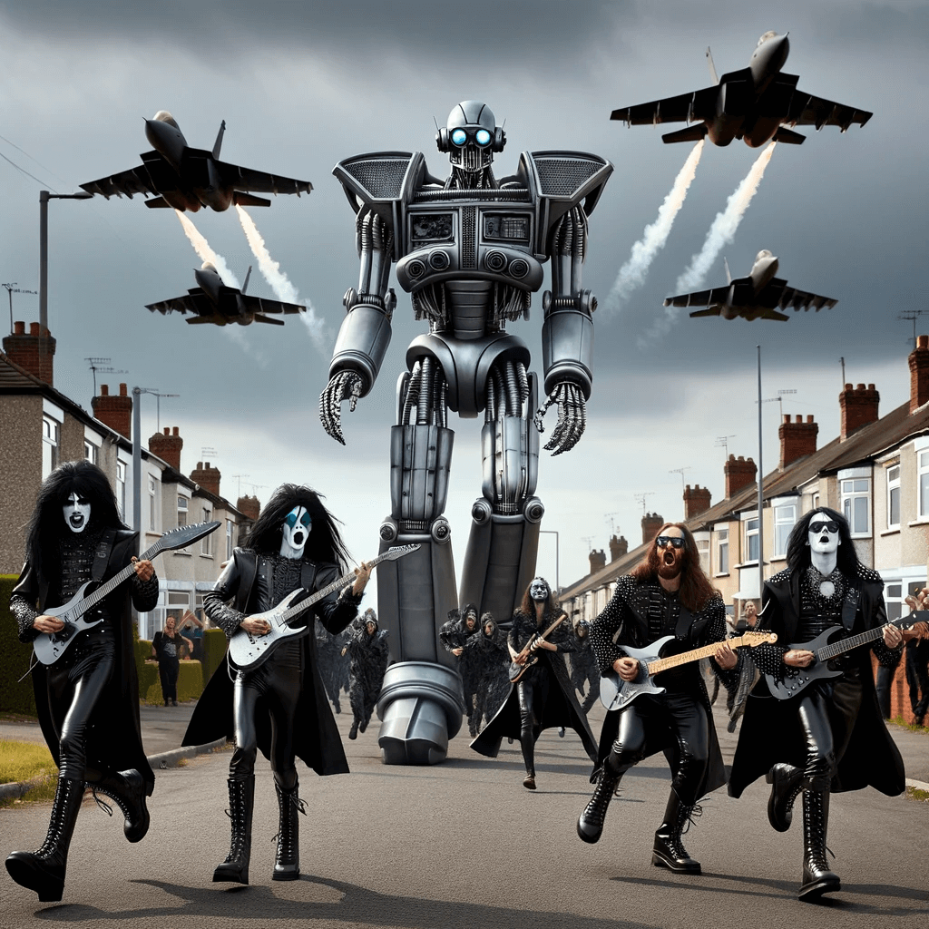 A scene of a giant futuristic metal robot walking down a suburban street with fighter jets in the sky above. Four musicians dressed in tall boots.