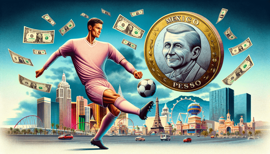soccer player kicks a giant peso coin with Las Vegas in the background