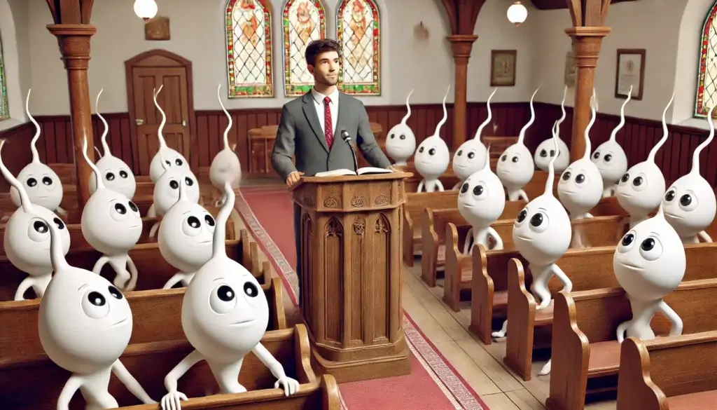 preacher with sperm sitting in the pews