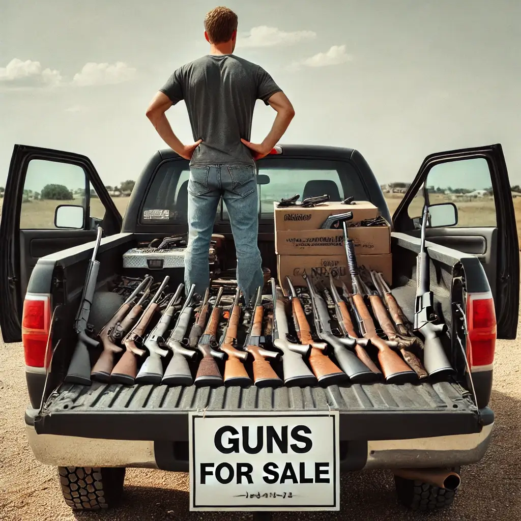 man selling guns from the back of a pickup truck