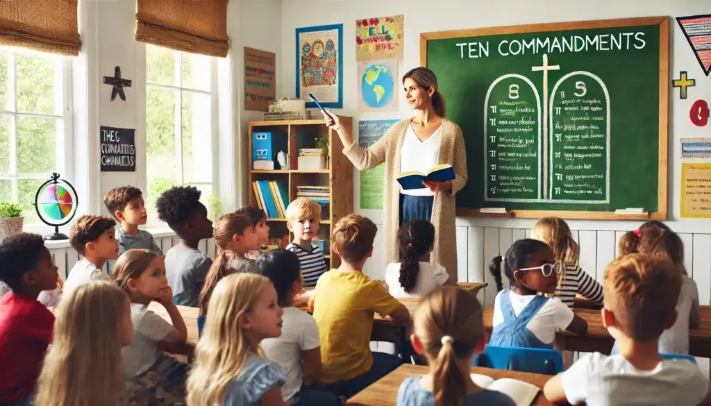 teacher reading the ten commandments to students