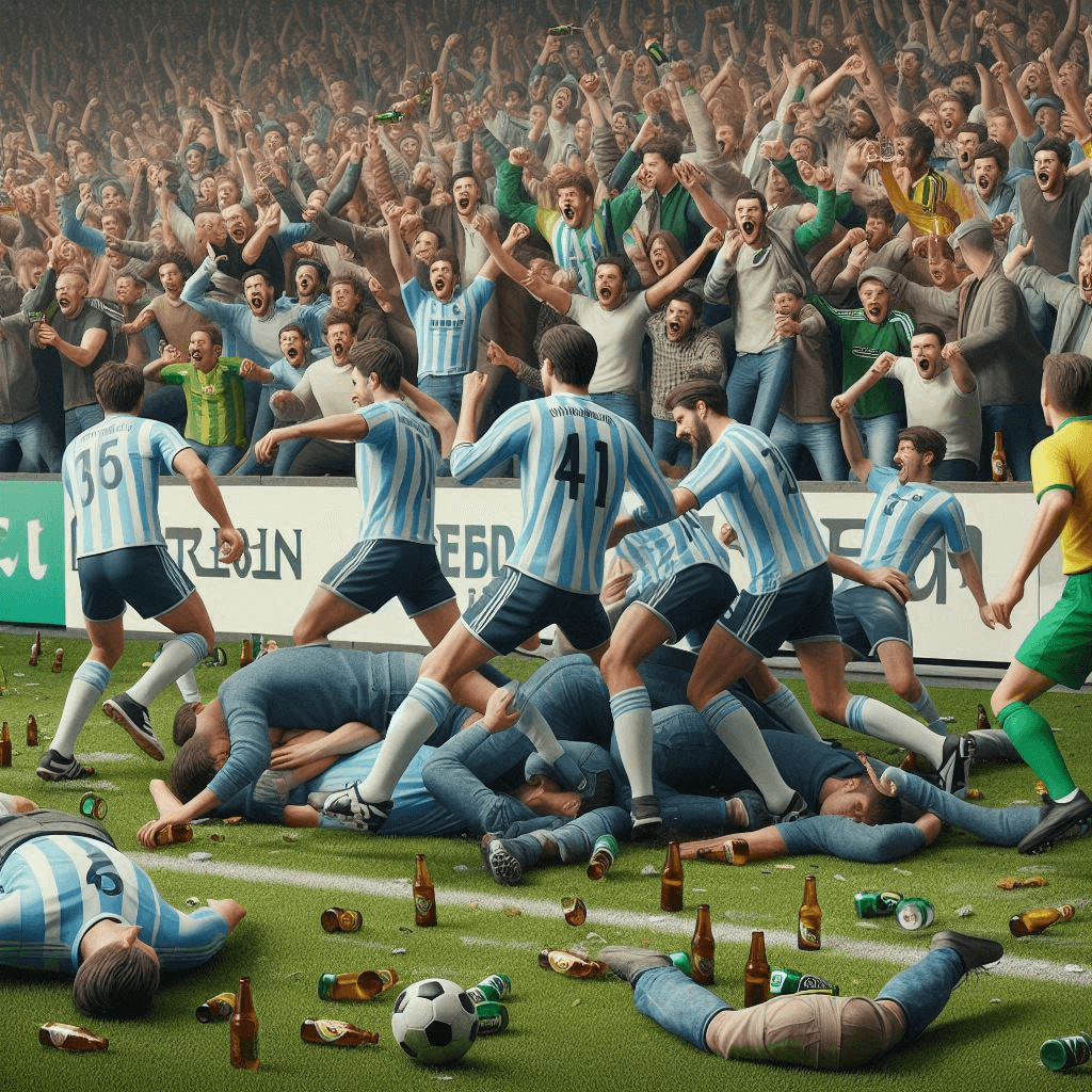 a photo-realistic scene from a soccer match: One team wears light blue and white striped shirts, celebrating a victory. The opposing team, dressed in green and yellow uniforms, looks defeated. In the stands, fans fight, crawl over each other, and hurl beer bottles into the air. The field is strewn with empty bottles and trash.