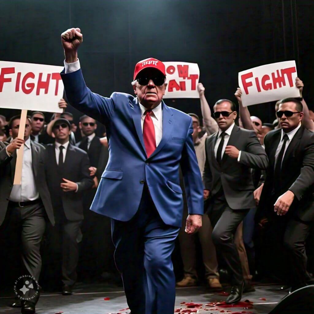 Trump leaving the stage with his fist in the air yelling "fight fight fight"
