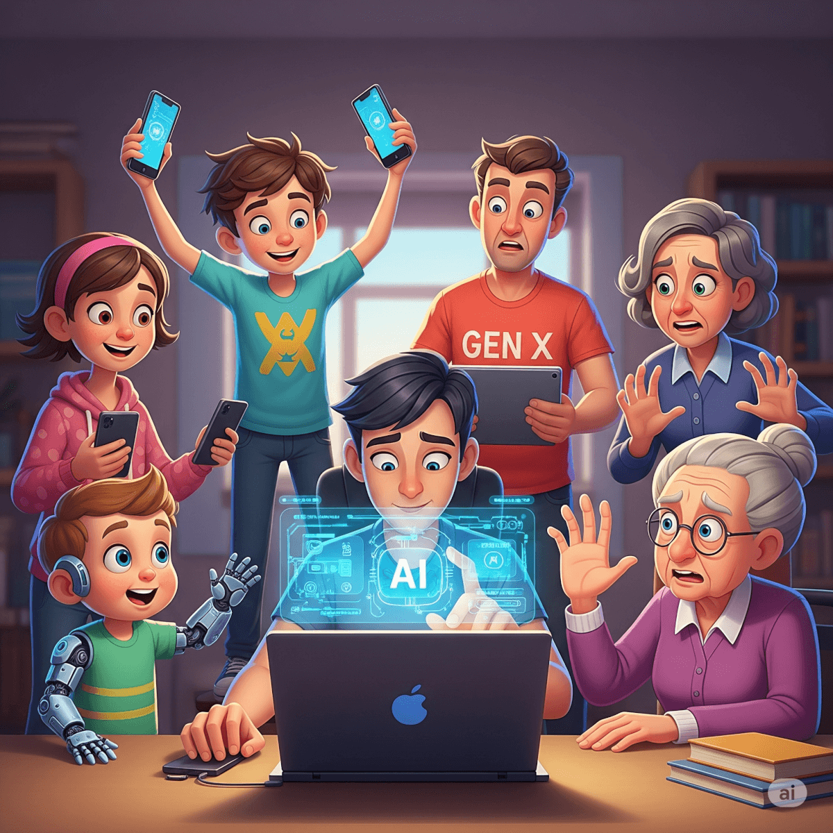 an extended family of different generations using AI